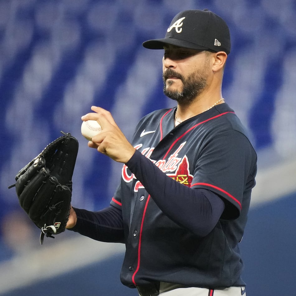 Atlanta Braves starting pitcher Martín Pérez stands on the mound during the first inning of a baseball game against the Miami Marlins, Tuesday, May 19, 2026, in Miami. (Lynne Sladky/AP)