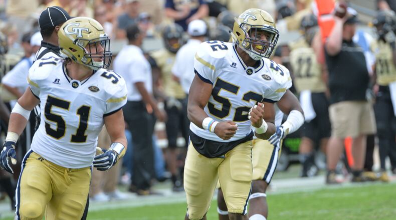 September 17, 2016 Atlanta - Georgia Tech Yellow Jackets linebacker Terrell Lewis (52) reacts after they shut down Vanderbilt Commodores quarterback Kyle Shurmur (14) in the second half at Bobby Dodd Stadium on Saturday, September 17, 2016. Georgia Tech Yellow Jackets won 38-7 over the Vanderbilt Commodores. HYOSUB SHIN / HSHIN@AJC.COM