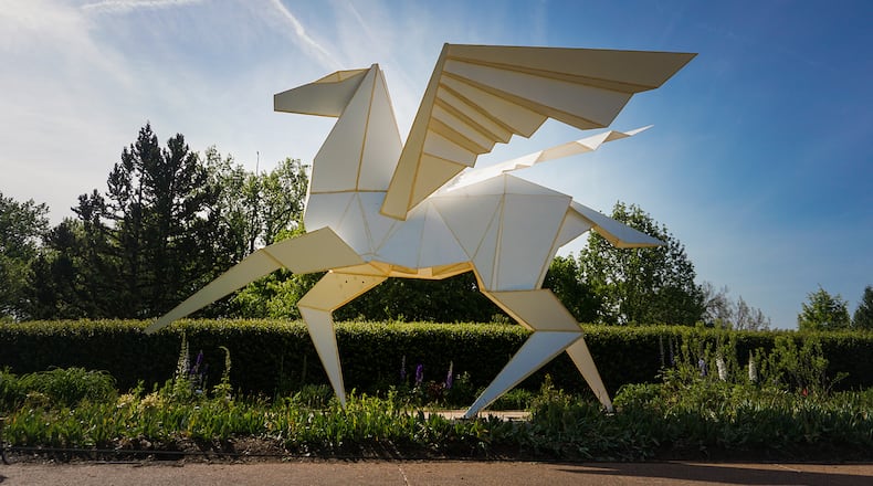 Everyone calls it Pegasus, even creator Kevin Box, but the real name is Hero’s Horse, to emphasize the universal hero’s quest, Box said. It’s among the most striking pieces in Origami in the Garden at Atlanta Botanical Garden through Oct. 16.
Courtesy of Atlanta Botanical Garden