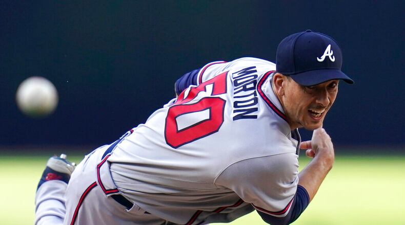 Atlanta Braves starting pitcher Charlie Morton works against a San Diego Padres batter during the first inning of a baseball game Thursday, April 14, 2022, in San Diego. (AP Photo/Gregory Bull)