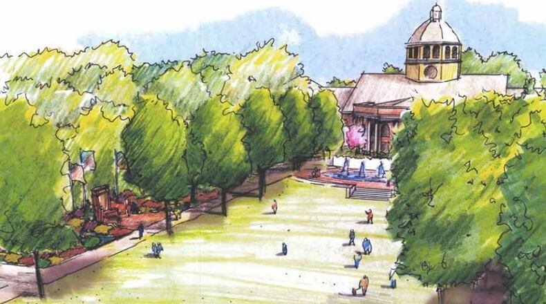A plan to develop the area around Roswell City Hall will require cutting down and planting trees as well as moving two veterans' memorials.
