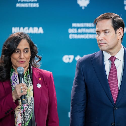 U.S. Secretary of State Marco Rubio, right, stands beside Canada's Minister of Foreign Affairs Anita Anand, as she speaks ahead of the family photo during the G7 Foreign Ministers' Meeting in Niagara-on-the-Lake, Ontario, on Tuesday, Nov. 11, 2025. (Nick Iwanyshyn/The Canadian Press via AP)