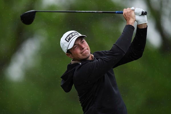 Viktor Hovland, of Norway, hits on the 15th hole during the second round of the Truist Championship golf tournament at the Philadelphia Cricket Club, Friday, May 9, 2025, in Flourtown. (AP Photo/Matt Rourke)