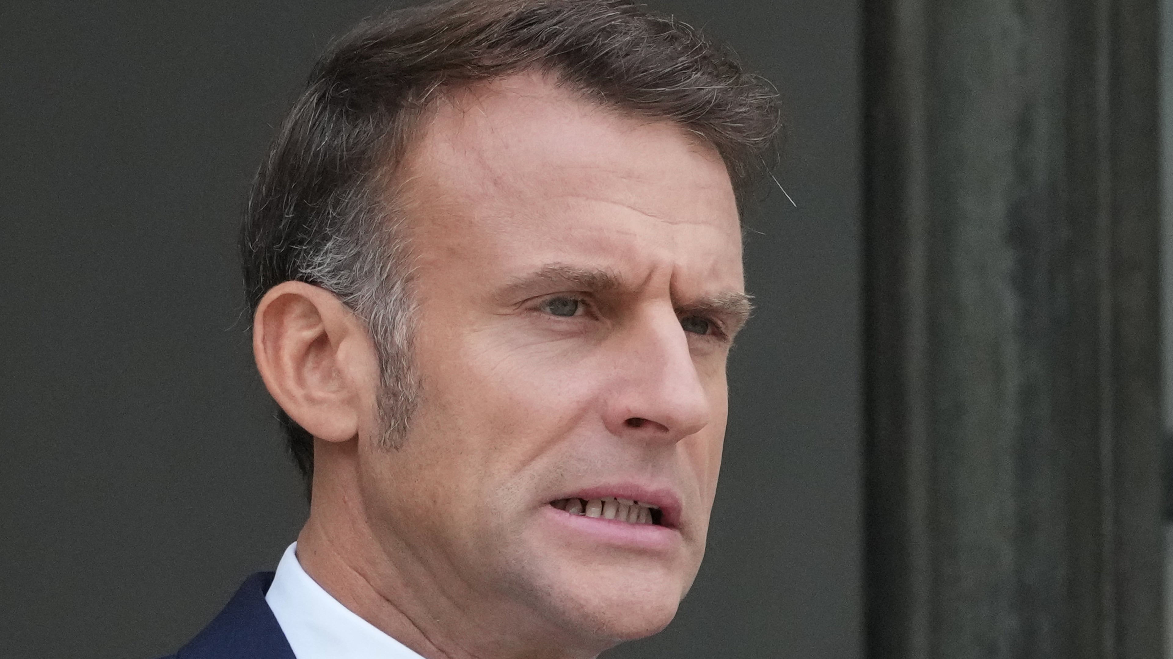 French President Emmanuel Macron waits for Jordan's Crown Prince Hussein at the presidential Elysee Palace, Wednesday, Oct. 8, 2025 in Paris. (AP Photo/Michel Euler)