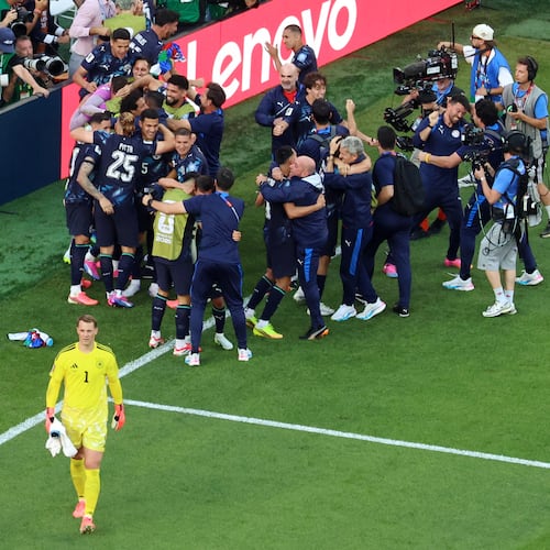 Germany goalkeeper Manuel Neuer (1) reacts as Paraguay players celebrate after a penalty shootout at the end of the World Cup round of 32 soccer match between Germany and Paraguay in Foxborough, Mass., near Boston, Monday, June 29, 2026. (AP Photo/Mark Stockwell)