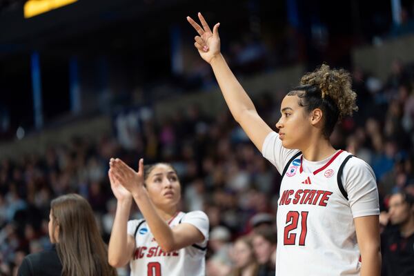 North Carolina State guard Madison Hayes (21) reacts after a three point shot during the first half in the Sweet 16 of the NCAA college basketball tournament against LSU, Friday, March 28, 2025, in Spokane, Wash. (AP Photo/Jenny Kane)