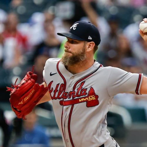 Atlanta Braves' Chris Sale pitches during the first inning of a baseball game against the New York Mets Wednesday, July 29, 2026, in New York (AP Photo/Eduardo Munoz Alvarez)