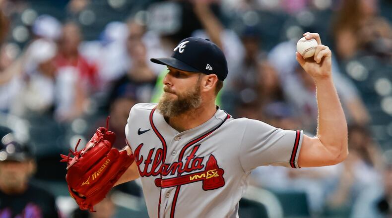 Atlanta Braves' Chris Sale pitches during the first inning of a baseball game against the New York Mets Wednesday, July 29, 2026, in New York (AP Photo/Eduardo Munoz Alvarez)