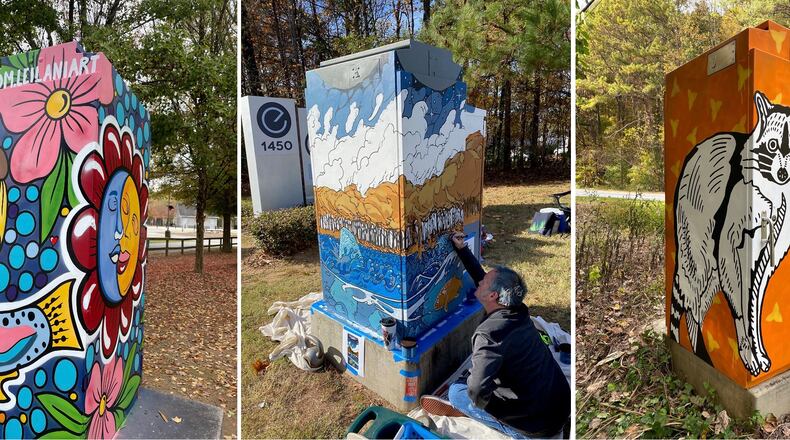 Examples of Roswell Arts Fund's Painted Utility Box art from the first series painted in 2022. (L-R: Marisa Mustard's work at
Riverside Road at entrance to Riverside Park, Justin Groom painting his work at
Old Alabama Road and Market Boulevard, and Suzy Gonzales' work at Dogwood Road and Riverside Road. (Courtesy Roswell Arts Fund)