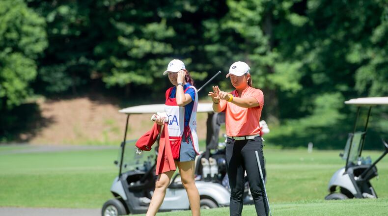 Jenny Bae lines up a putt at the 2021 Georgia Women's Amateur in Rome. Bae is a two-time All-America at the University of Georgia. (Photo by Kate Awtrey-King for the AJC)