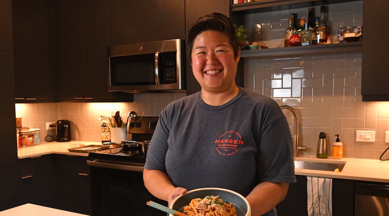 Leftie Lee’s chef Vivian Lee, shown at her home in Avondale Estates, likes to relax with
Ramen Carbonara. (Styling by Vivian Lee / Chris Hunt for the AJC)