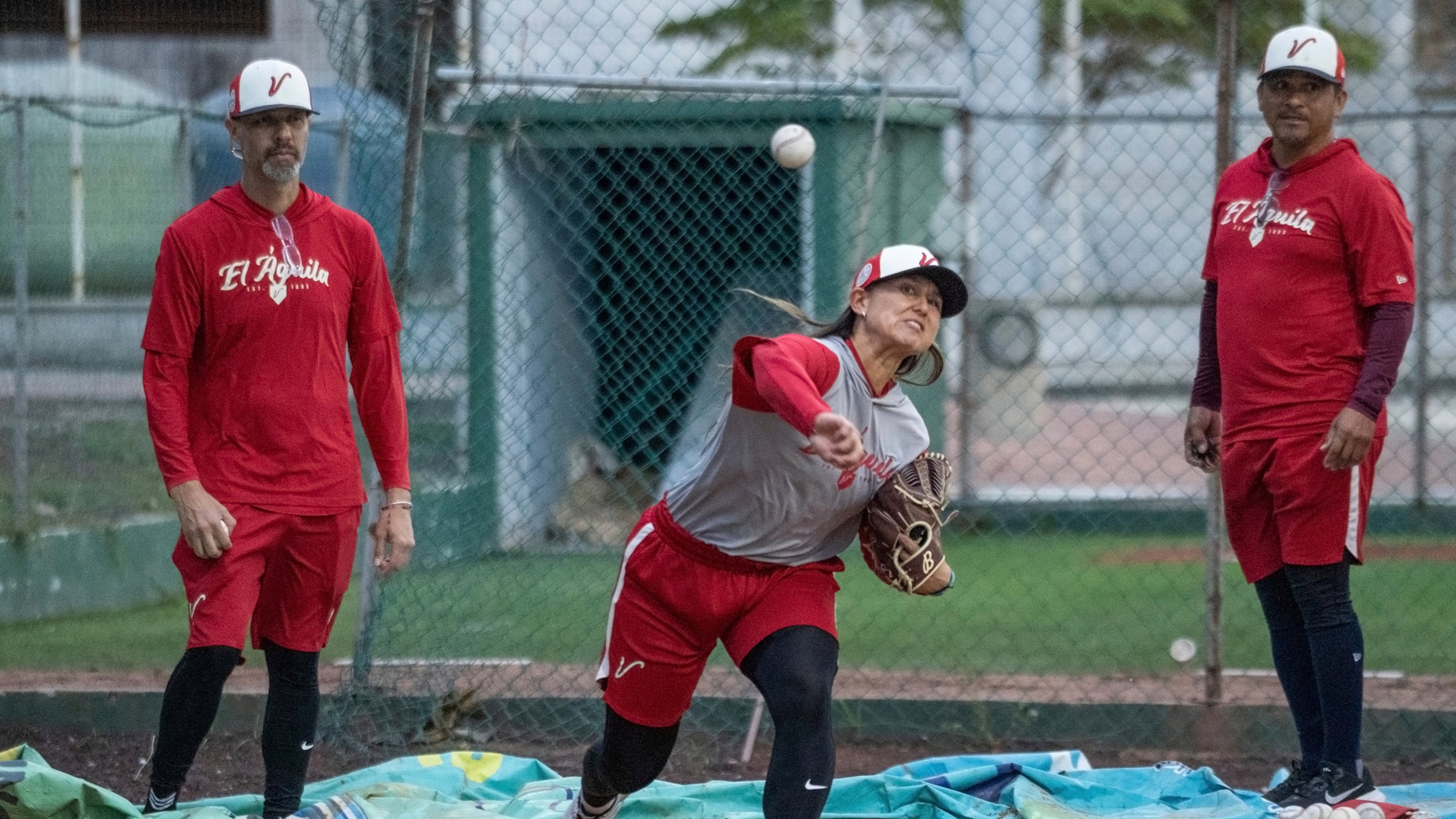 FILE - Player Kelsie Whitmore throws a ball during a training session with the Aguila de Veracruz professional baseball team in Veracruz, Mexico, April 8, 2025. (AP Photo/Victoria Razo, File)