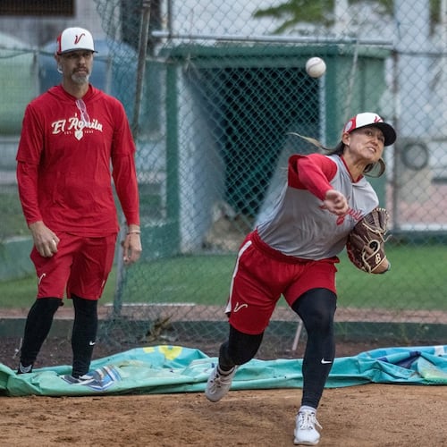 FILE - Player Kelsie Whitmore throws a ball during a training session with the Aguila de Veracruz professional baseball team in Veracruz, Mexico, April 8, 2025. (AP Photo/Victoria Razo, File)