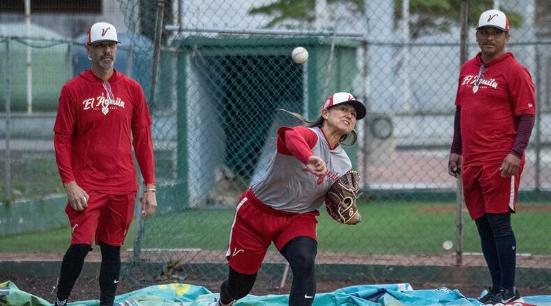 FILE - Player Kelsie Whitmore throws a ball during a training session with the Aguila de Veracruz professional baseball team in Veracruz, Mexico, April 8, 2025. (AP Photo/Victoria Razo, File)