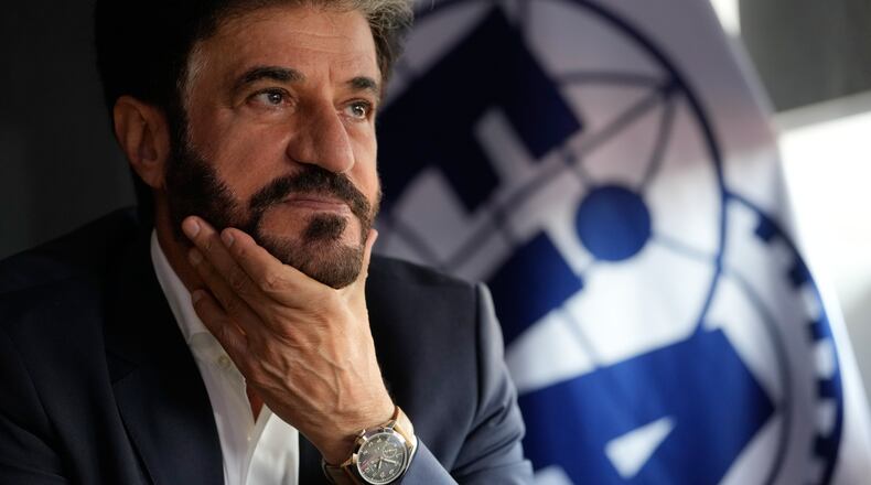 FIA President Mohammed Ben Sulayem talks with the Associated Press during an interview prior to the start of Italy's Formula One Grand Prix, at the Monza racetrack, Italy, Sunday Sept. 6, 2026. (AP Photo/Luca Bruno)