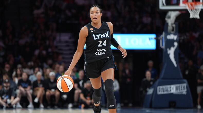 Minnesota Lynx forward Napheesa Collier dribbles down the court during the first half of a WNBA basketball game against the Las Vegas Aces in Minneapolis, Saturday, Aug. 8, 2026. (AP Photo/Abbie Parr)