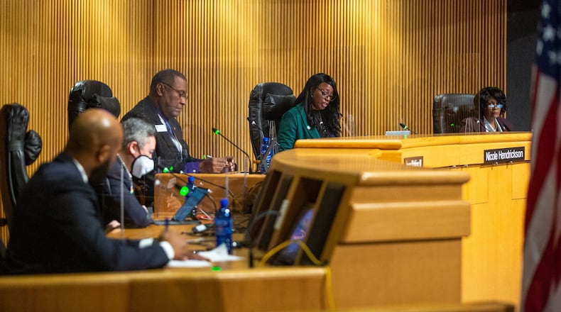 Chairwoman Nicole Hendrickson speaks during a meeting in Lawrenceville, Georgia, on Tuesday, January 19, 2021. The Gwinnett Board of Commissioners met on Tuesday for a working session. (Rebecca Wright for the Atlanta Journal-Constitution)