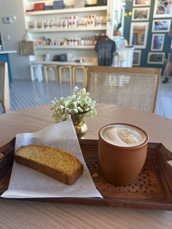 Rusk, a twice-baked cookie similar to biscotti, sits alongside the malai cloud chai inside the Chai Box Cafe in west Midtown.