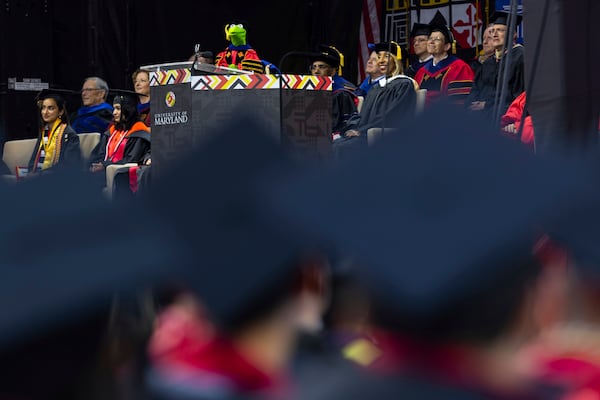 Kermit the Frog speaks during University of Maryland's commencement ceremony on Thursday, May 22, 2025, in College Park, Md. (Dylan Singleton/University of Maryland via AP)