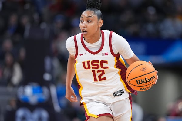 FILE - Southern California guard JuJu Watkins (12) plays against UCLA during the first half of an NCAA college basketball game in the championship of the Big Ten Conference tournament in Indianapolis, Sunday, March 9, 2025. (AP Photo/Michael Conroy, File)