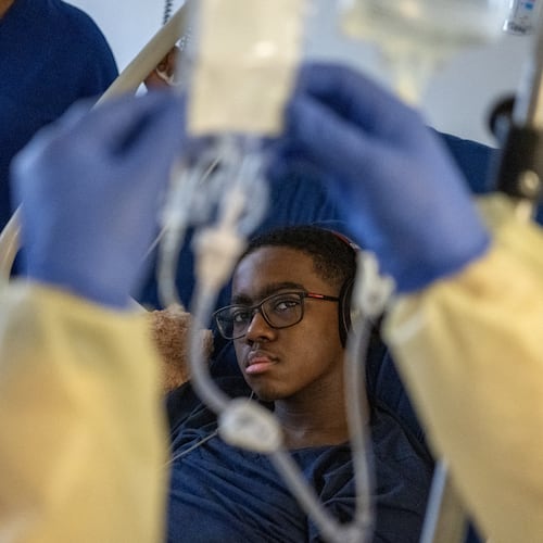 Kendric Cromer, 12, undergoes infusion gene therapy at Children’s National Hospital in Washington, Sept. 11, 2024. Cromer is one of the first children ever to be treated with a newly approved gene therapy that will free him from the sickle cell disease that has stolen his childhood. (Kenny Holston/The New York Times)