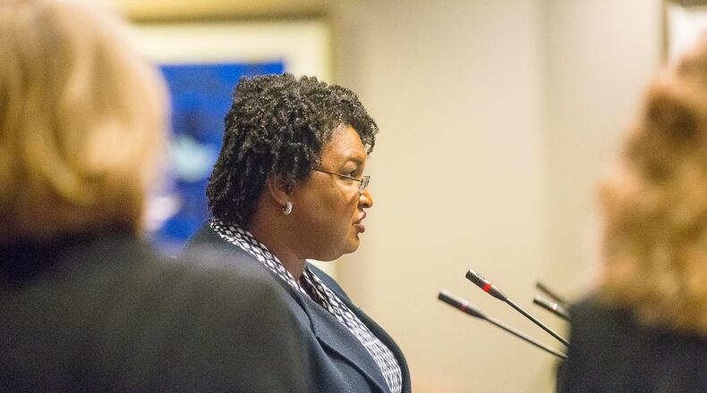 02/19/2019 -- Atlanta Georgia -- Fair Fight Action founder and Chair Stacey Abrams testifies about voting rights in Georgia during a field hearing on voting rights and difficulties facing voters in front of the United States House Administration Committee's elections subcommittee, chaired by U.S. Rep. Marcia Fudge, D-Ohio, at the Jimmy Carter Presidential Center in Atlanta, Tuesday, February 19, 2019. (ALYSSA POINTER/ALYSSA.POINTER@AJC.COM)