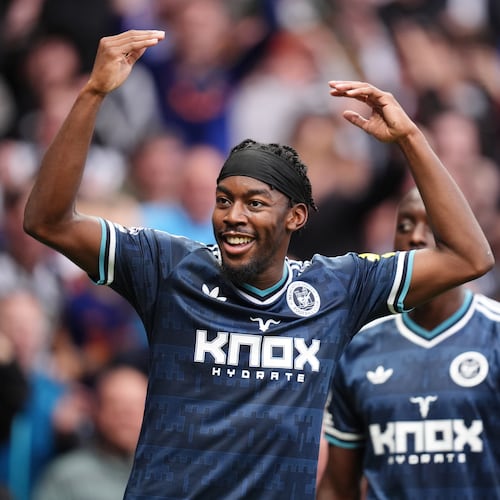 Newcastle United's Anthony Elanga celebrates scoring their side's first goal during the British Premier League soccer match between Newcastle United and Tottenham Hotspur, in London, Saturday Aug. 29, 2026. (John Walton/PA via AP)