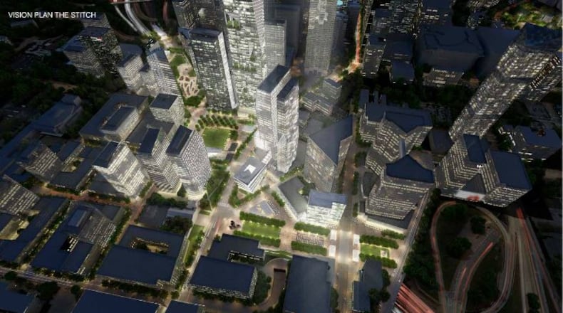 A nighttime rendering of The Stitch concept that would connect Midtown and Downtown via a “deck park.” Rendering by Jacobs.