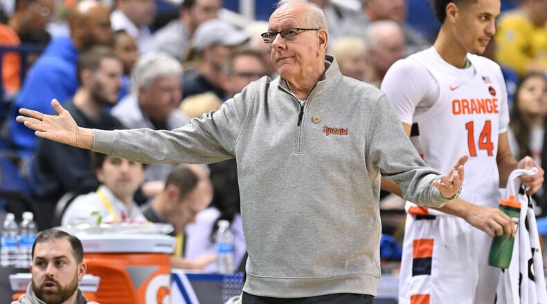 Syracuse head coach Jim Boeheim reacts during the second half against Wake Forest in the second round of the ACC Tournament at Greensboro Coliseum on Wednesday, March 8, 2023, in Greensboro, North Carolina. (Grant Halverson/Getty Images/TNS)
