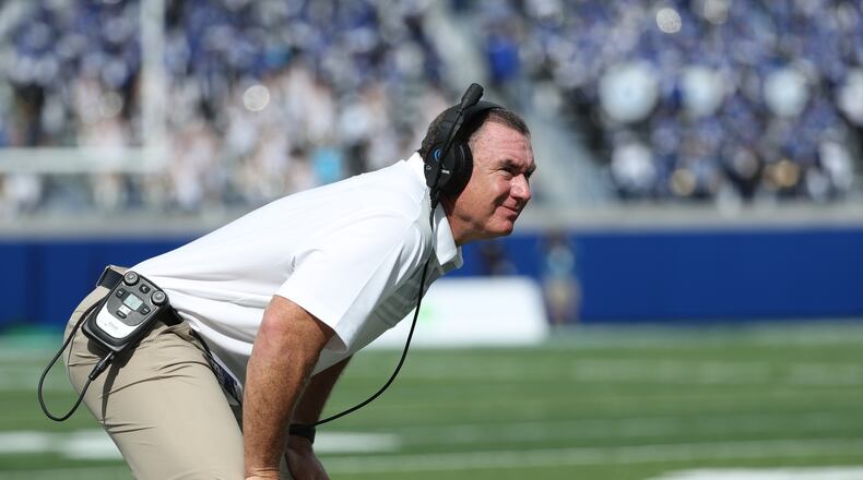 October 21, 2017 - Atlanta, Ga: Georgia State Panthers head coach Shawn Elliott watches from the sideline in the first quarter of their game against the Troy Trojans at GSU Stadium Saturday, October 21, 2017, in Atlanta.. PHOTO / JASON GETZ