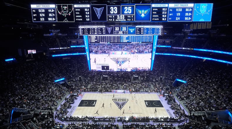Fans watch from a general view at Chase Center during the first half of a WNBA basketball game between the Golden State Valkyries and the Dallas Wings in San Francisco, Monday, Aug. 17, 2026. (AP Photo/Jeff Chiu)