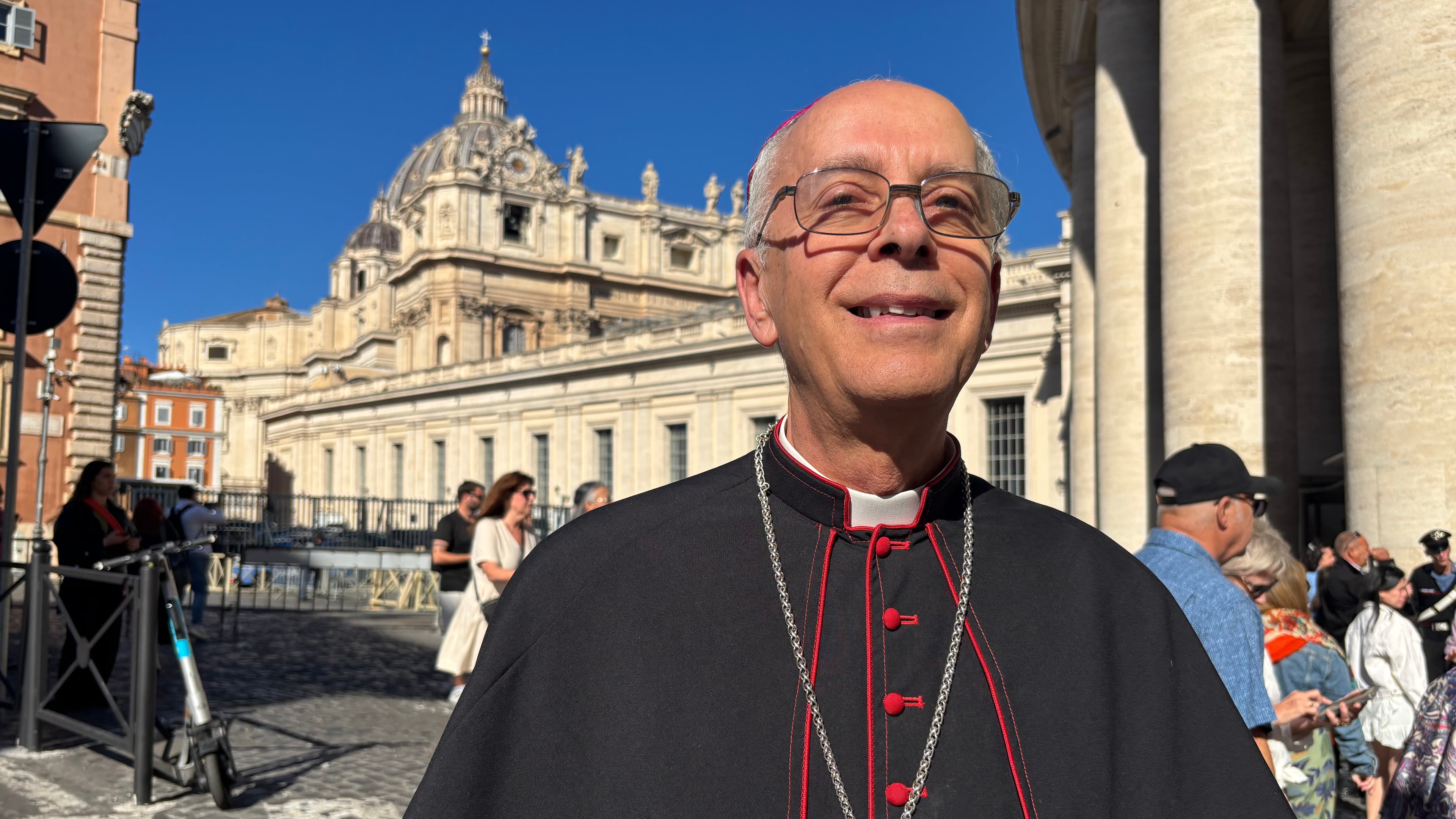 Bishop of El Paso Mark Joseph Seitz talks with the Associated Press about the situation at the US border with Mexico during an interview at the Vatican, Wednesday, Oct. 8, 2025. (AP Photo/Silvia Stellacci)