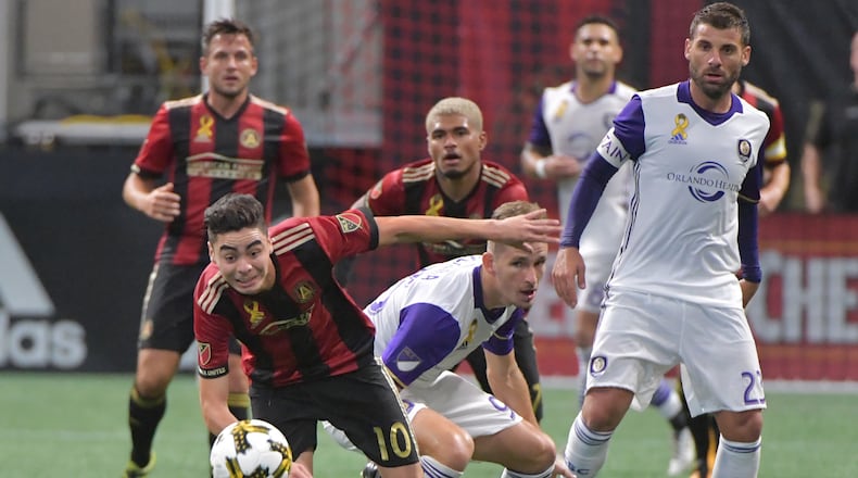 September 16, 2017 Atlanta - Atlanta United midfielder Miguel Almiron (10) goes to the ball in the second half of an MLS soccer match at the Mercedes-Benz Stadium on Saturday, September 16, 2017. HYOSUB SHIN / HSHIN@AJC.COM