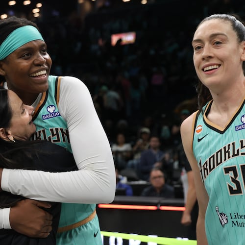 Toronto Tempo head coach Sandy Brondello hugs New York Liberty center Jonquel Jones after a WNBA basketball game, Wednesday, June 3, 2026, in New York. (AP Photo/Heather Khalifa)
