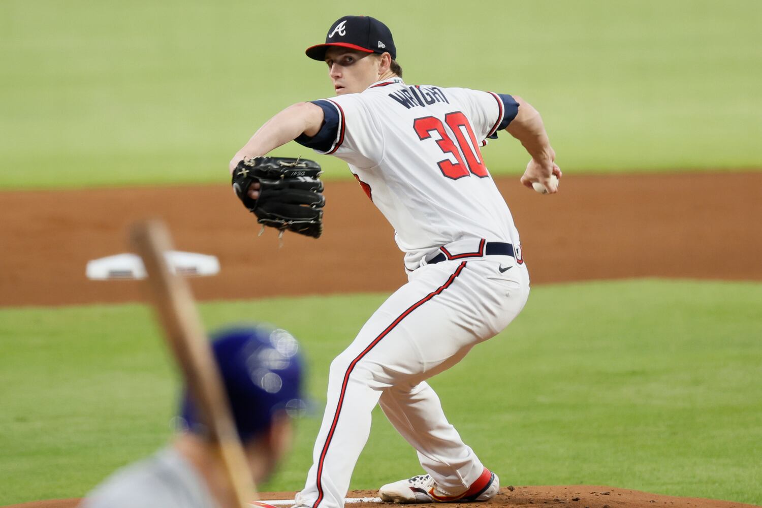 Braves starting pitcher Kyle Wright (30) works in the first inning of a baseball game on Saturday, Oct. 1, 2022. Miguel Martinez / miguel.martinezjimenez@ajc.com 