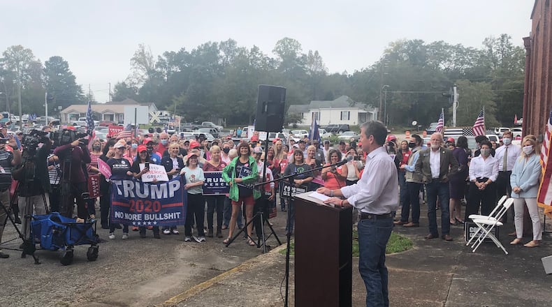 Gov. Brian Kemp speaks to a crowd of Republican supporters in Manchester, Ga. ahead of Joe Biden's visit to Georgia on Oct. 27, 2020.