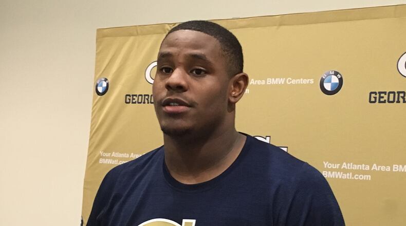 Georgia Tech defensive lineman Antwan Owens speaking with reporters on October 30, 2019. (AJC photo by Ken Sugiura)