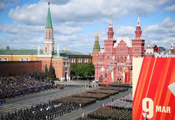 Military troops stand in formation in Red Square before the Victory Day military parade in Moscow, Russia, Friday, May 9, 2025, during celebrations of the 80th anniversary of the Soviet Union's victory over Nazi Germany during the World War II. (Alexey Maishev/Photo host agency RIA Novosti via AP)