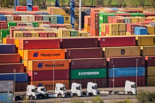 FILE - Containers are stored at a container terminal in Duisburg, Germany, the day after President Trump announced new tariffs for the EU and the rest of the world, Thursday, April 3, 2025. (AP Photo/Martin Meissner, File)