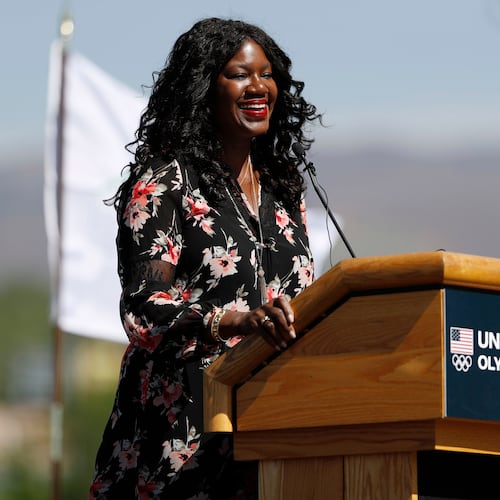FILE - Benita Fitzgerald Mosley, a U.S. Olympic gold medalist, speaks during a ceremonial groundbreaking for a new Olympic museum June 9, 2017, in Colorado Springs, Colo. (AP Photo/David Zalubowski, File)