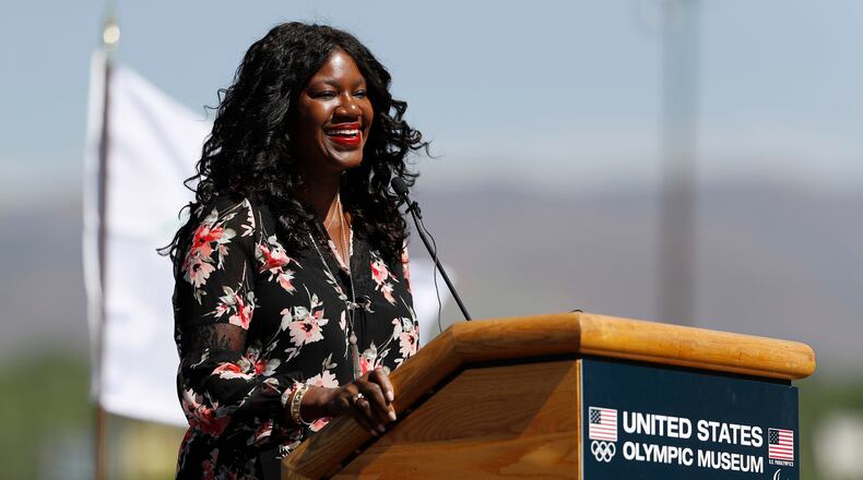 FILE - Benita Fitzgerald Mosley, a U.S. Olympic gold medalist, speaks during a ceremonial groundbreaking for a new Olympic museum June 9, 2017, in Colorado Springs, Colo. (AP Photo/David Zalubowski, File)
