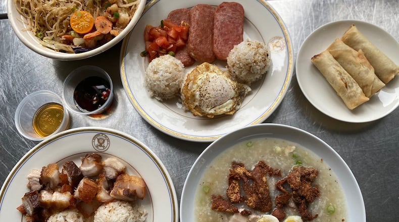 Filipino food is more accessible to Atlantans than ever before. Pictured are dishes from Estrellita: pancit, Spam silog and lumpia (top row). Lechon kawali and arroz caldo (lower row).
Wendell Brock for The Atlanta Journal-Constitution