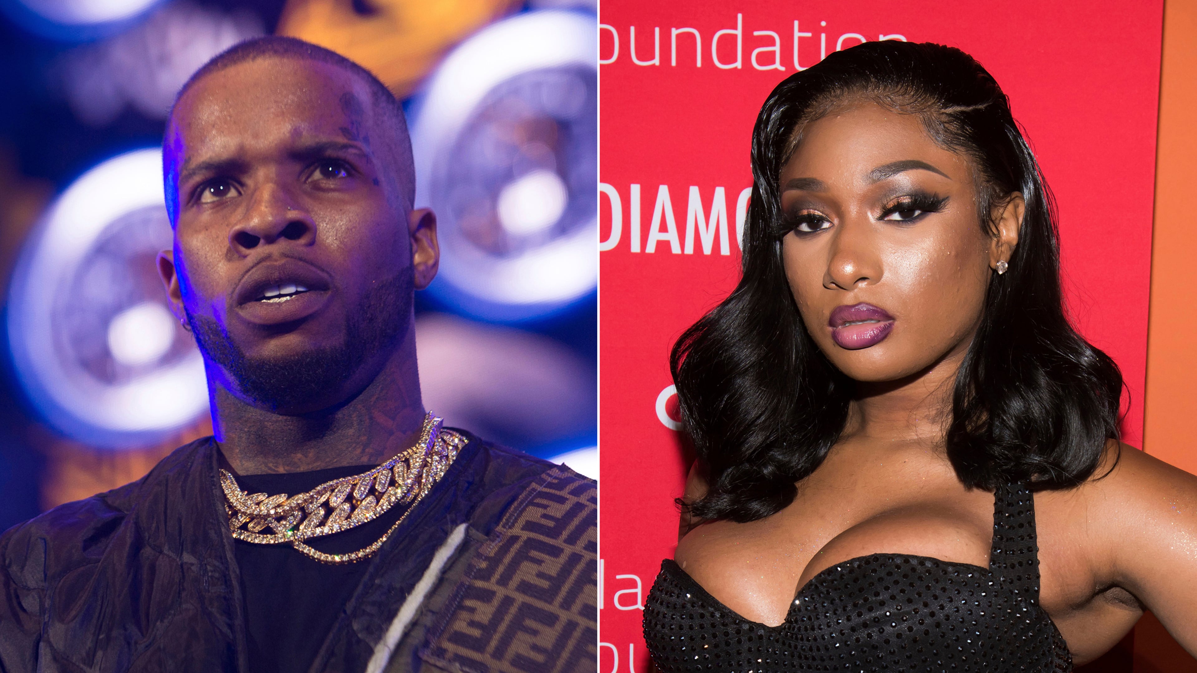 Tory Lanez performs at HOT 97 Summer Jam 2019 in East Rutherford, N.J. on June 2, 2019, left, and Megan Thee Stallion attends the 5th annual Diamond Ball benefit gala in New York on Sept. 12, 2019. (Photos by Scott Roth, left, Charles Sykes/Invision/AP)