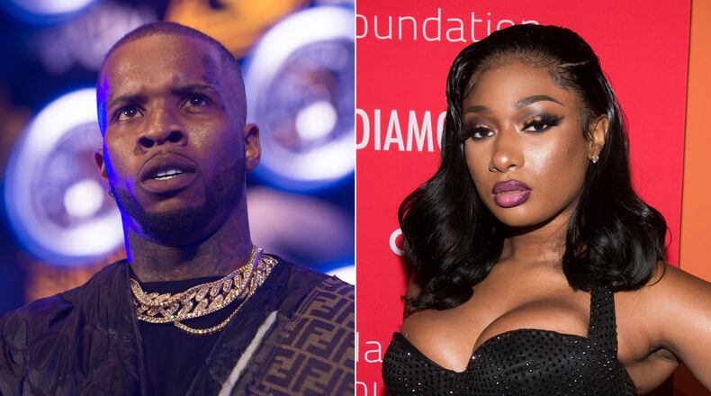 Tory Lanez performs at HOT 97 Summer Jam 2019 in East Rutherford, N.J. on June 2, 2019, left, and Megan Thee Stallion attends the 5th annual Diamond Ball benefit gala in New York on Sept. 12, 2019. (Photos by Scott Roth, left, Charles Sykes/Invision/AP)