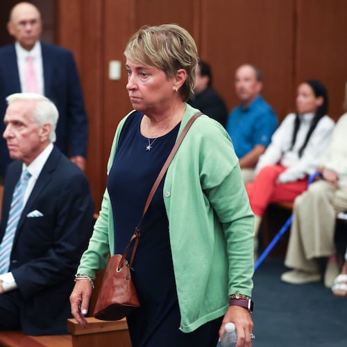 Susan Clancy, the former mother in law of Lindsay Clancy, enters the court room to give testimony during Lindsay Clancy's murder trial in Plymouth Mass., Tuesday Aug. 18, 2026 in Plymouth, Mass. (Jonathan Wiggs/The Boston Globe via AP, Pool)