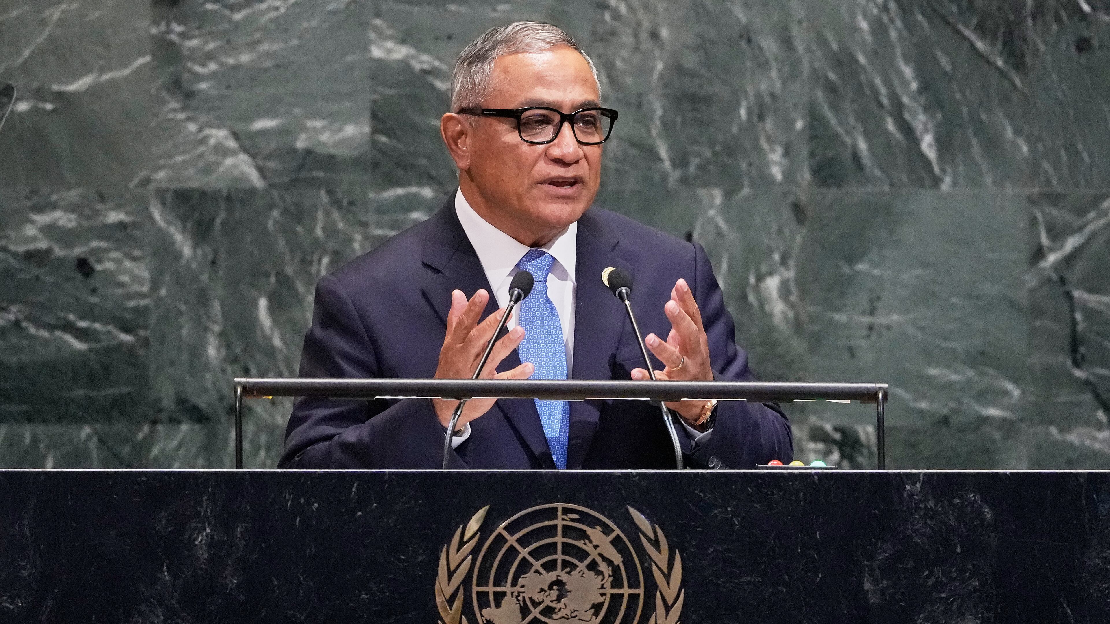 Belize Prime Minister John Briceno addresses the 80th session of the United Nations General Assembly, Friday, Sept. 26, 2025. (AP Photo/Richard Drew)