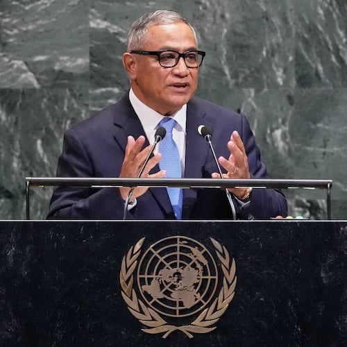 Belize Prime Minister John Briceno addresses the 80th session of the United Nations General Assembly, Friday, Sept. 26, 2025. (AP Photo/Richard Drew)