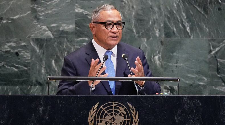 Belize Prime Minister John Briceno addresses the 80th session of the United Nations General Assembly, Friday, Sept. 26, 2025. (AP Photo/Richard Drew)