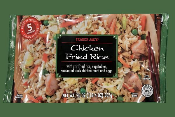 An overhead shot of a bag of Trader Joe's Frozen Fried Rice.