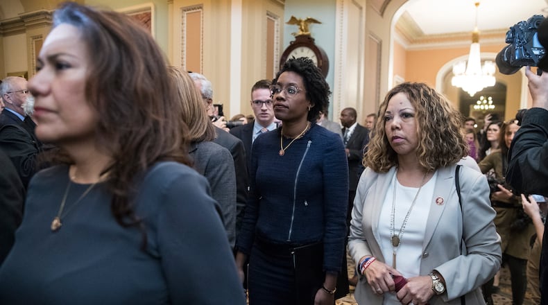 U.S. Rep. Lucy McBath (D-Ga.), and some of her House Democratic colleagues, walk to the Senate Chamber to watch as as two votes were held to end the partial government shutdown on Jan. 24, 2019. (Sarah Silbiger/The New York Times)